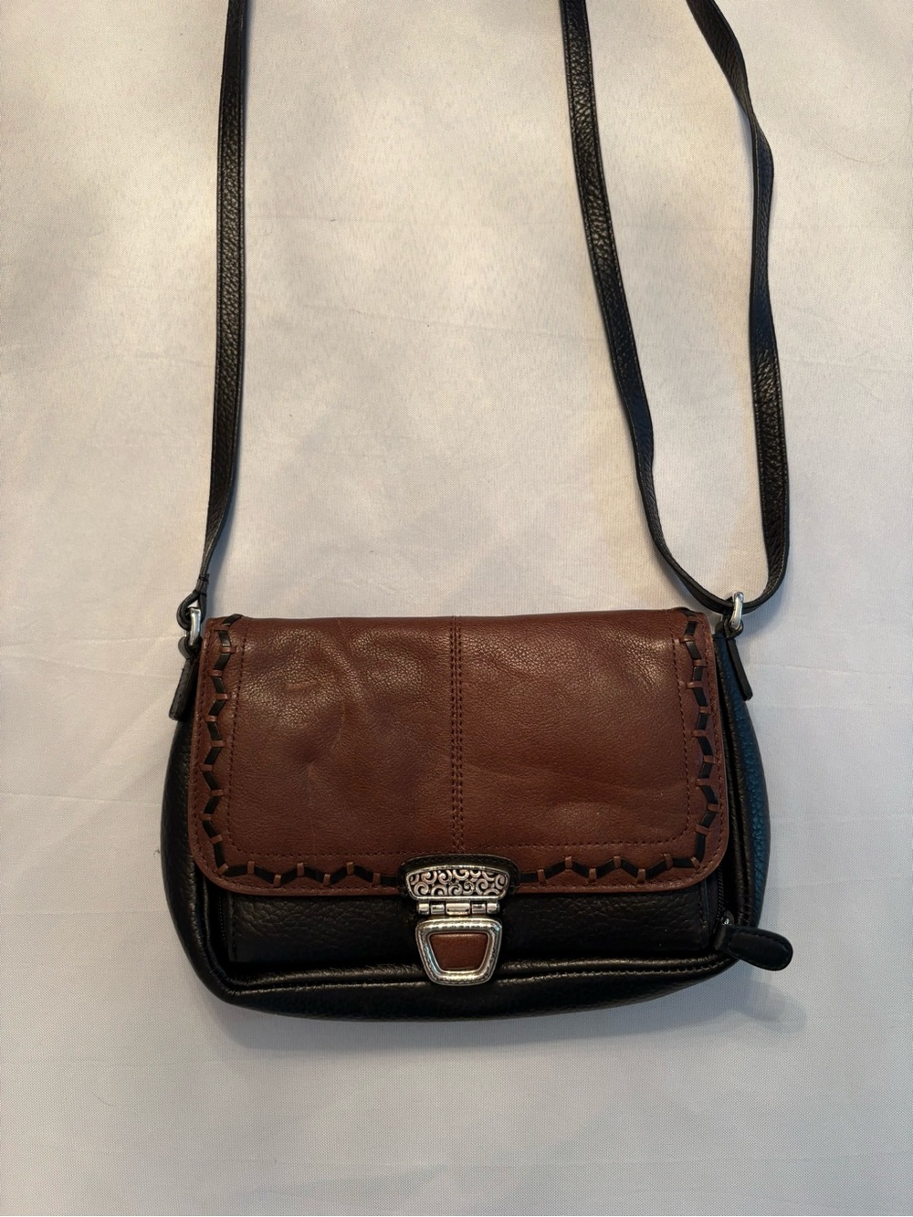 Brighton Brown and Black Leather Crossbody with Decorative Clasp